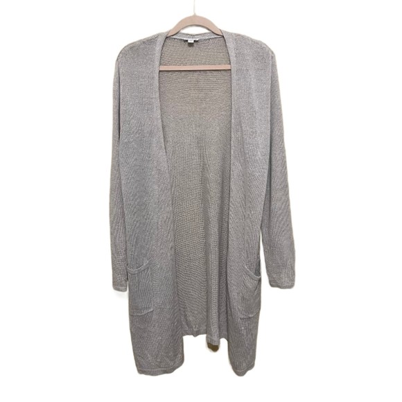 J. Jill Cardigan Sweater WomensLarge Gray Long Line Open Front Linen Coastal - Picture 1 of 6